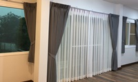 Brown pleated curtains, sheer fabric