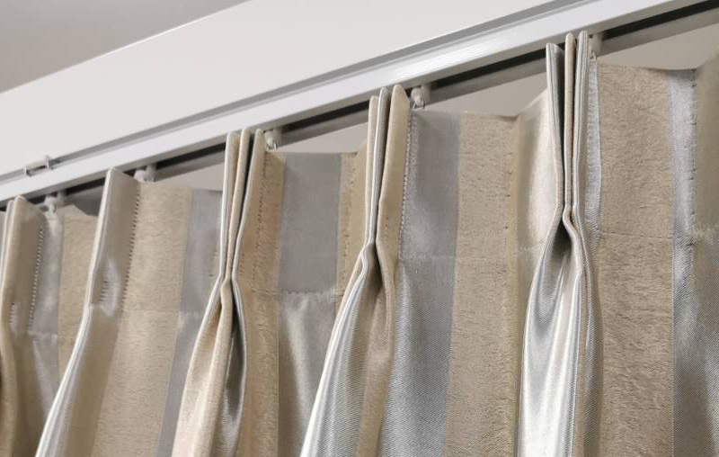 Pleated curtains, stripes, cream, gray